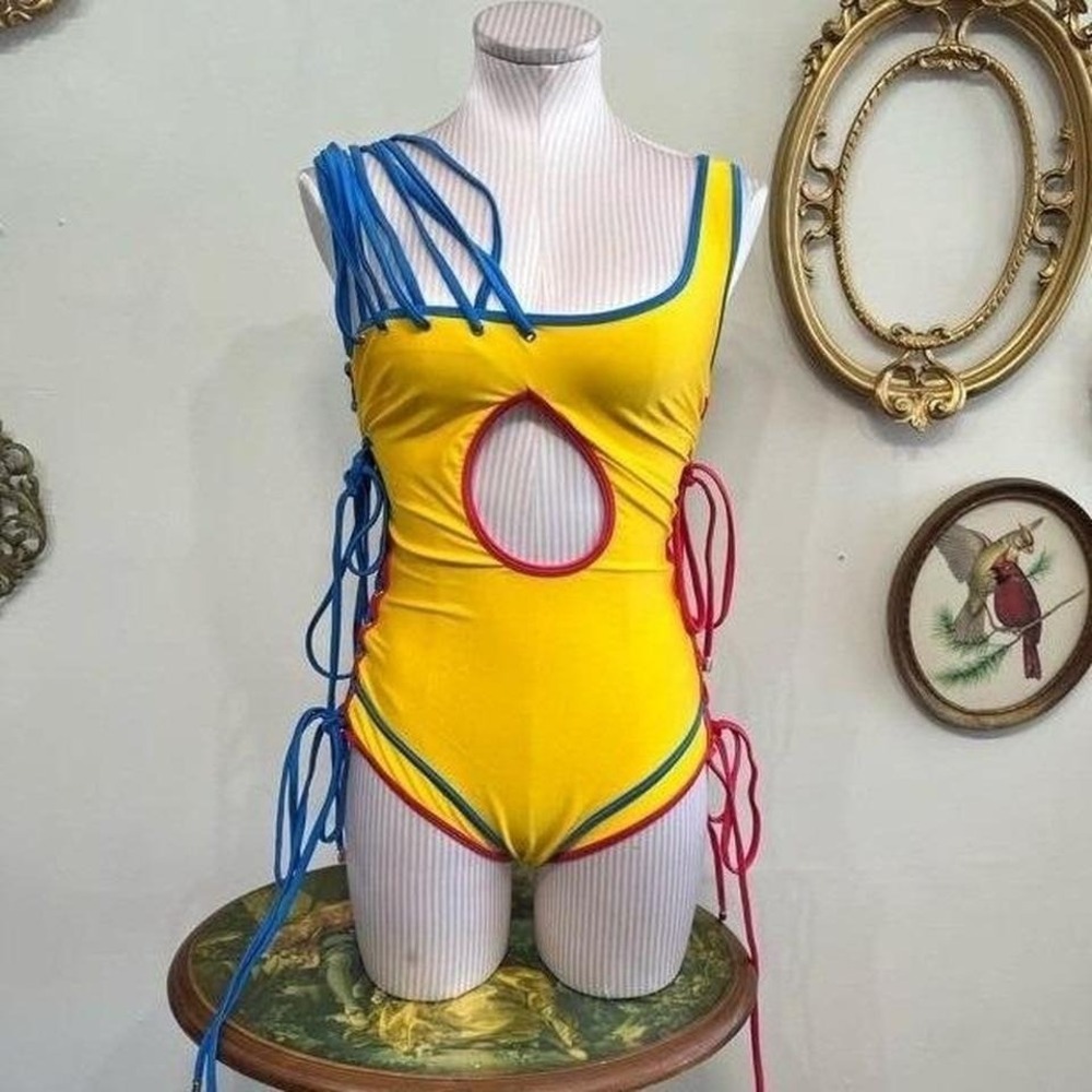 Vintage Yellow Colorblock Strappy Lace-Up One Piece Swimsuit Y2K Goth